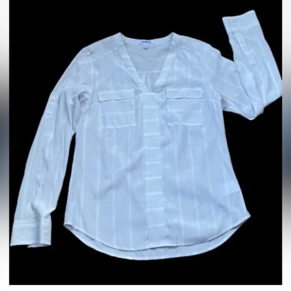Express Blouse Top V Neck Fold Up Sleeve Pullover Striped Women's Shirt Size S/P